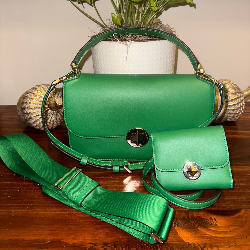 Kate Spade Set, Audrey Flap Crossbody Bag & Wallet In Green Bean NEW
